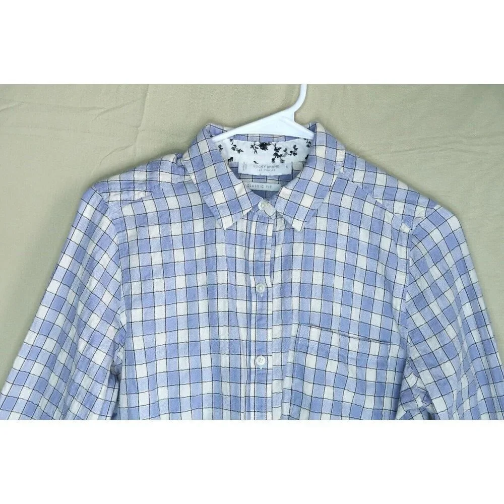 Lucky Brand Button Up Flannel Shirt Men's Small Blue White Plaid Long Sleeves - Picture 2 of 9